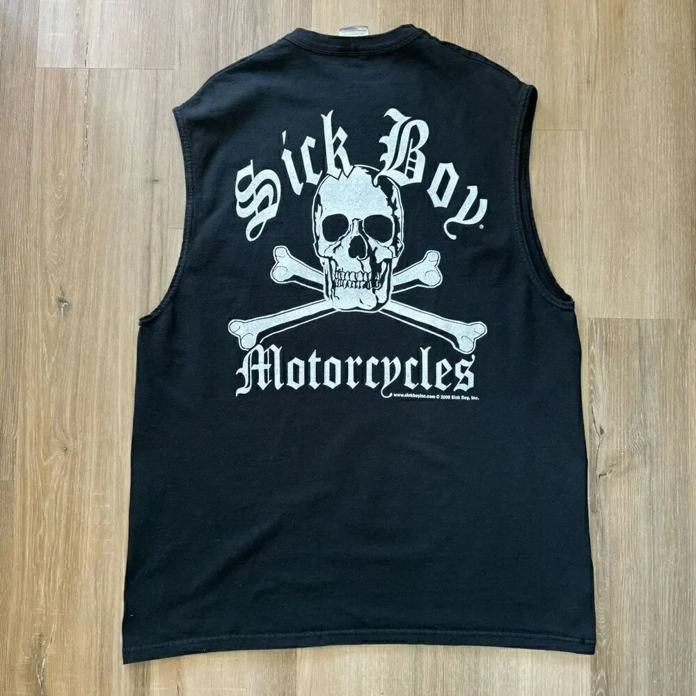 Y2K Sick Boy Motorcycles XL Graphic Tank Top Black Skull Crossbones Bikercore - Picture 1 of 5